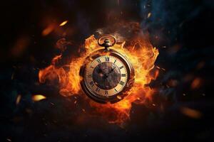 AI generated Alarm clock on fire background. Time is running out concept. photo