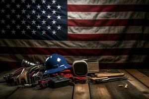 AI generated tools on a wooden table against the background of the American flag photo