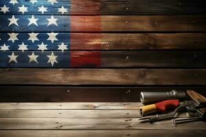 AI generated tools on a wooden table against the background of the American flag photo