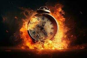 AI generated Alarm clock on fire background. Time is running out concept. photo