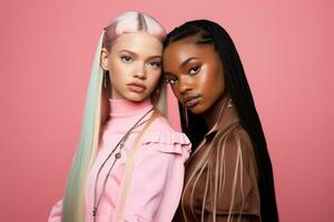 AI generated fashionable Two young multiracial women posing together isolated on pink background photo