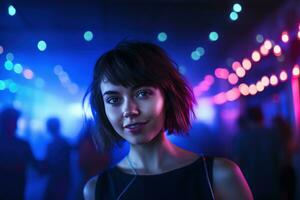 AI generated Portrait of a beautiful girl with short hair dancing in a nightclub photo