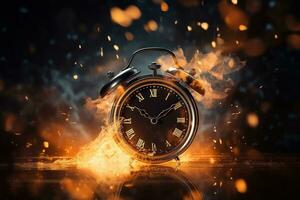 AI generated Alarm clock on fire background. Time is running out concept. photo