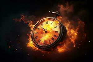 AI generated Alarm clock on fire background. Time is running out concept. photo