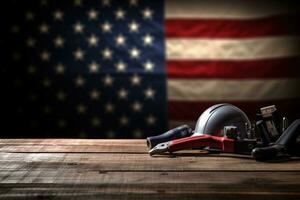 AI generated tools on a wooden table against the background of the American flag photo