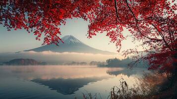 ai generado fuji montaña y lago kawaguchiko en otoño estación, Japón foto