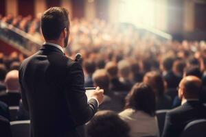 AI generated Speaker Giving a Talk at Business Conference. Audience at the conference hall. Business and Entrepreneurship. photo