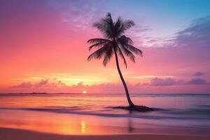 ai generado hermosa naturaleza tropical playa y mar con Coco palma árbol a puesta de sol hora para viaje y vacaciones foto