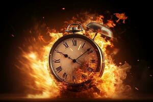 AI generated Alarm clock on fire background. Time is running out concept. photo