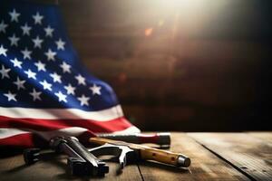 AI generated tools on a wooden table against the background of the American flag photo