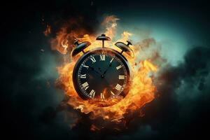 AI generated Alarm clock on fire background. Time is running out concept. photo