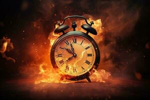 AI generated Alarm clock on fire background. Time is running out concept. photo