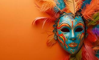AI generated colorful mask on orange background with colorful feathers photo