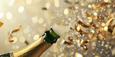 AI generated champagne bottle bursting with golden confetti on a beige background photo