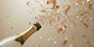 AI generated champagne bottle bursting with golden confetti on a beige background photo