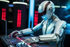 AI generated Robot humanoid working on a computer in a nightclub photo