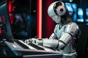 AI generated Robot humanoid working on a computer in a nightclub photo