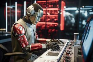 AI generated Robot humanoid working on a computer in a nightclub photo