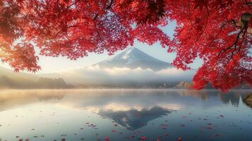 AI generated Fuji Mountain and Lake Kawaguchiko in autumn season, Japan photo