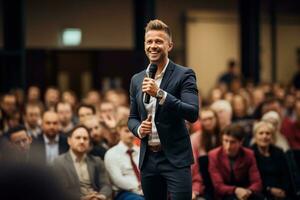 AI generated Speaker Giving a Talk at Business Conference. Audience at the conference hall. Business and Entrepreneurship. photo