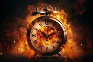 AI generated Alarm clock on fire background. Time is running out concept. photo