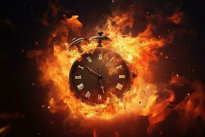 AI generated Alarm clock on fire background. Time is running out concept. photo