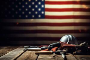 AI generated tools on a wooden table against the background of the American flag photo