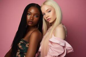 AI generated fashionable Two young multiracial women posing together isolated on pink background photo