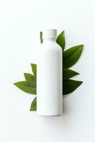 AI generated Blank cosmetic bottle with green leaves on white background photo