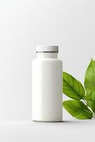 AI generated Blank cosmetic bottle with green leaves on white background photo