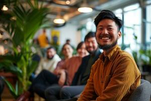 AI generated Group of business people having a meeting at creative office photo