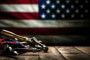 AI generated tools on a wooden table against the background of the American flag photo