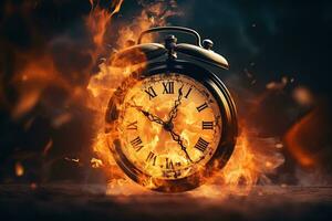 AI generated Alarm clock on fire background. Time is running out concept. photo