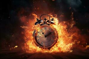 AI generated Alarm clock on fire background. Time is running out concept. photo