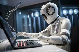 AI generated Robot humanoid working on a computer in a nightclub photo