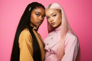 AI generated fashionable Two young multiracial women posing together isolated on pink background photo