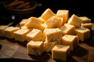 AI generated Close-up of a plate of yellow cheese cubes. photo