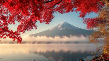 ai generado fuji montaña y lago kawaguchiko en otoño estación, Japón foto