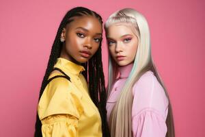 AI generated fashionable Two young multiracial women posing together isolated on pink background photo