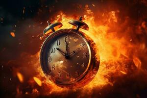 AI generated Alarm clock on fire background. Time is running out concept. photo