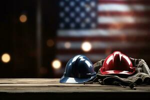 AI generated tools on a wooden table against the background of the American flag photo