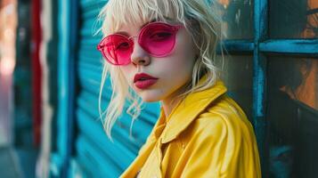 AI generated bright pink sunglasses on blonde woman dressed in yellow jacket for portrait photo
