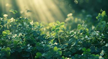 AI generated green field of shamrocks background with light rays photo