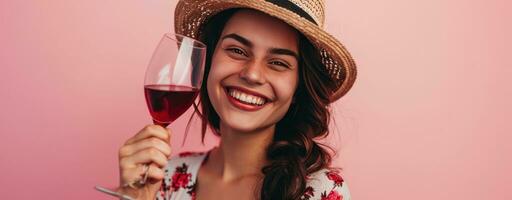 AI generated happy girl celebrating with red wine on pink background photo