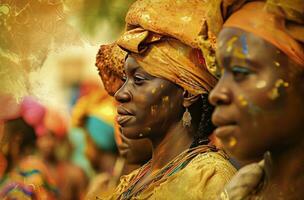 AI generated emotive image of carnivalgoers in carnival dress photo