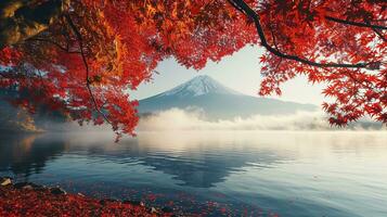 ai generado fuji montaña y lago kawaguchiko en otoño estación, Japón foto