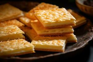 AI generated Close-up of a plate of yellow cheese cubes. photo