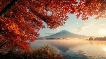 ai generado fuji montaña y lago kawaguchiko en otoño estación, Japón foto