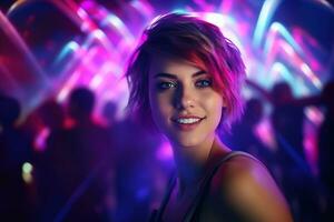 AI generated Portrait of a beautiful girl with short hair dancing in a nightclub photo