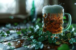 AI generated irish ale on the table with some clovers around it photo